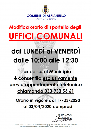 MODIFICA ORARIO UFFICI COMUNALI MODIFICA ORARIO UFFICI COMUNALI